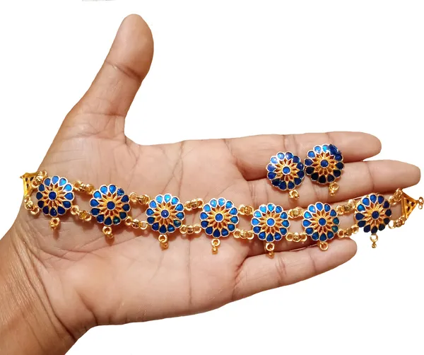 Assamese_Traditional_Gold_Plated_Blue_Colour_Golpata_Necklace_Set_For_Women